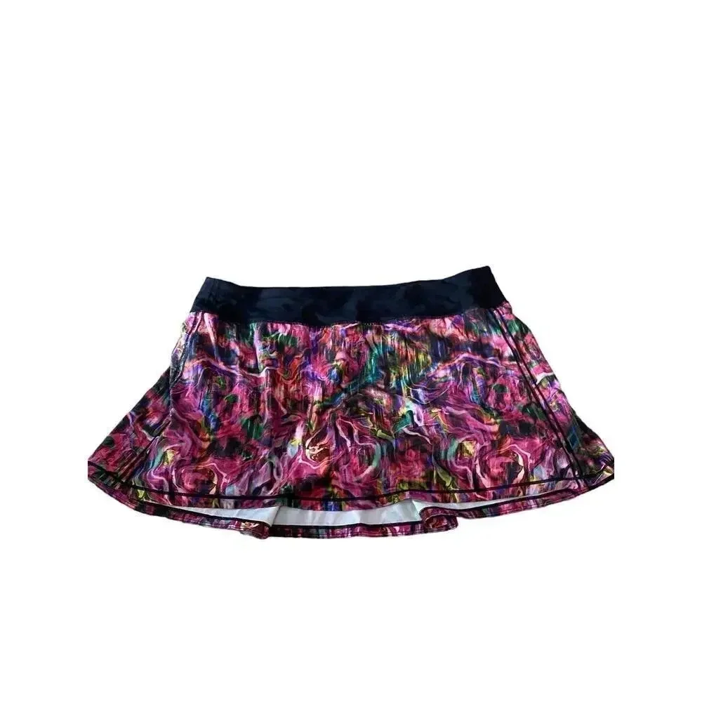 Lululemon Hyper Flow Pink Multi Black Print Pace Rival Mid-Rise Skirt Size 14